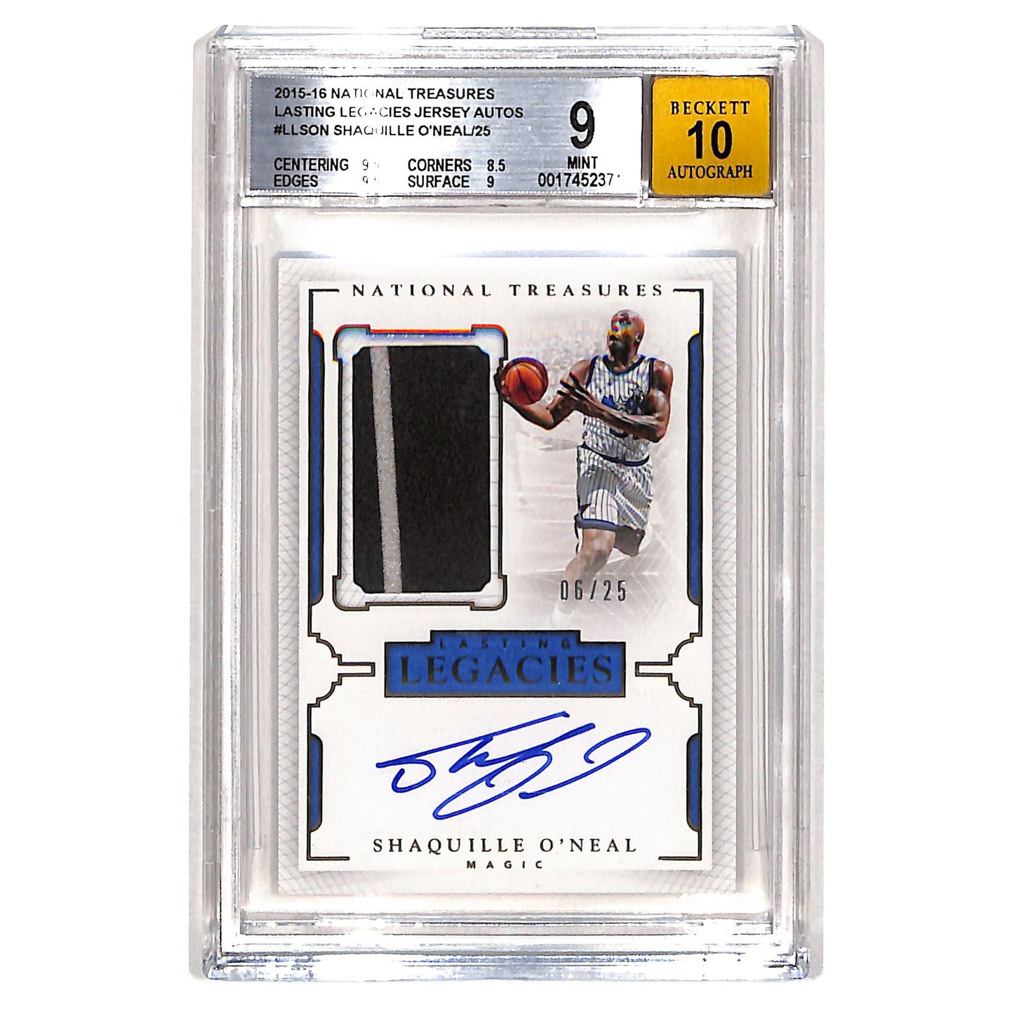 Shaquille O'Neal 2015-16 National Treasures Patch Auto 05/25 #LLSON BGS 9 Auto 10