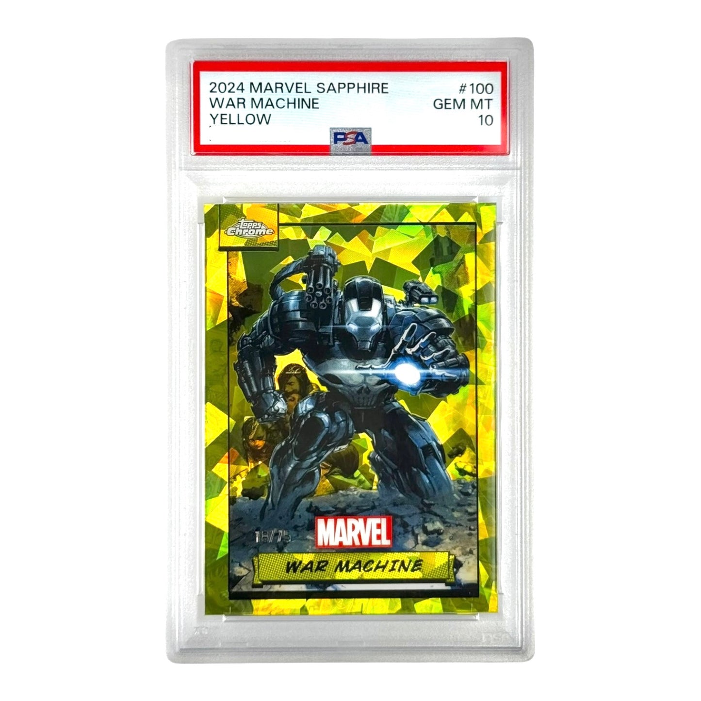 War Machine 2024 Topps Chrome Marvel Sapphire Yellow 18/75 #100 PSA 10