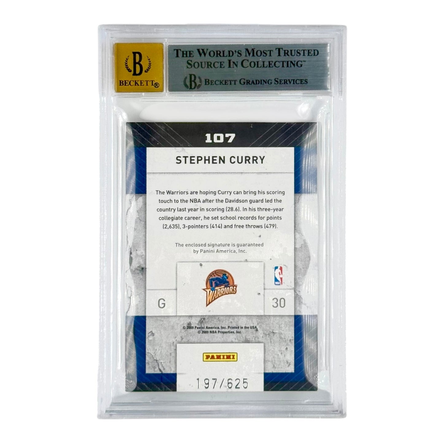 Stephen Curry 2009-10 Threads Rookie Class Letter Patch Auto 197/625 Rookie RC #107 BGS 9 Auto 10