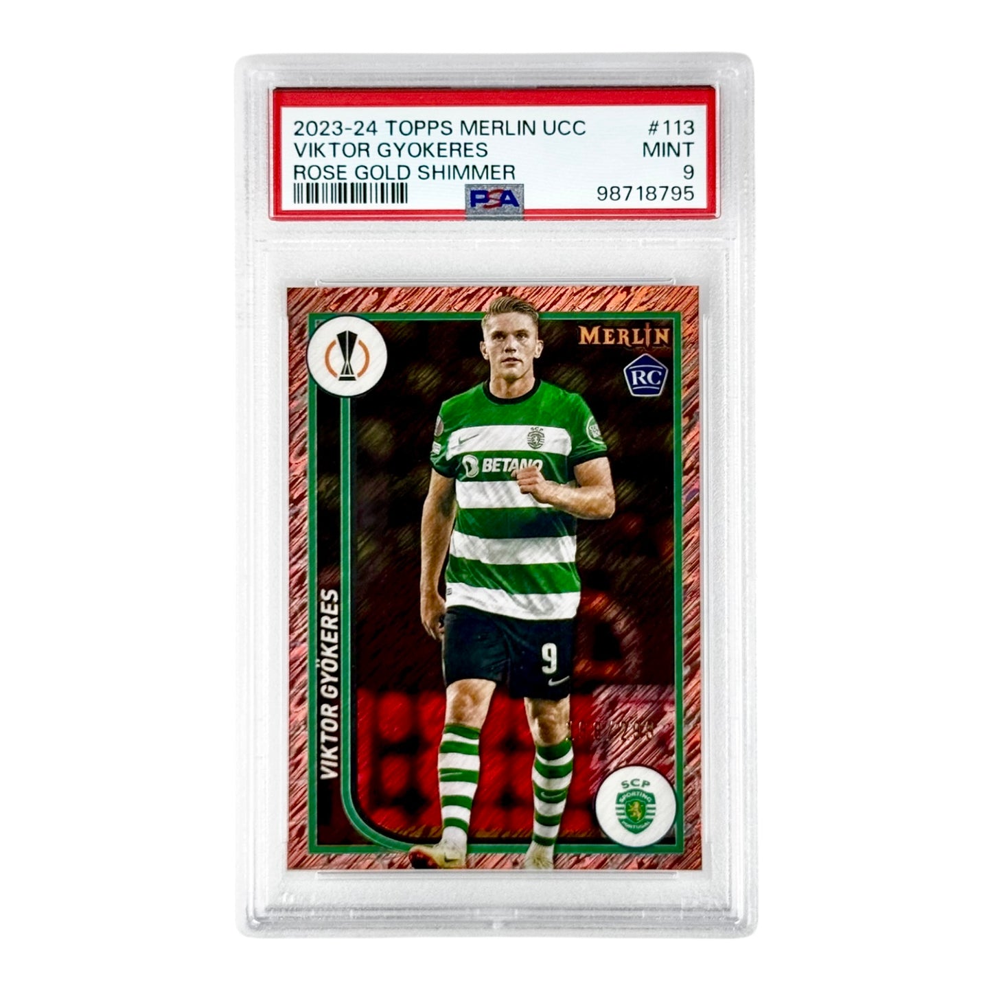 Viktor Gyokeres 2023-24 Topps Merlin UCC Rose Gold Shimmer 188/299 Rookie RC #113 PSA 9