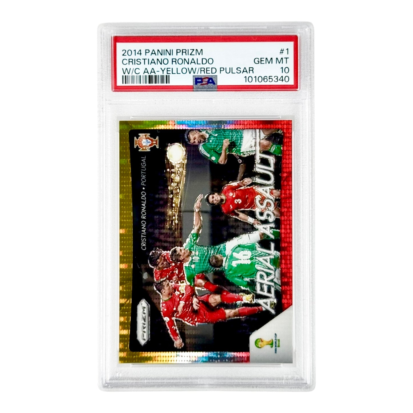 Cristiano Ronaldo 2014 Prizm World Cup Aerial Assault Yellow Red Pulsar #1 PSA 10