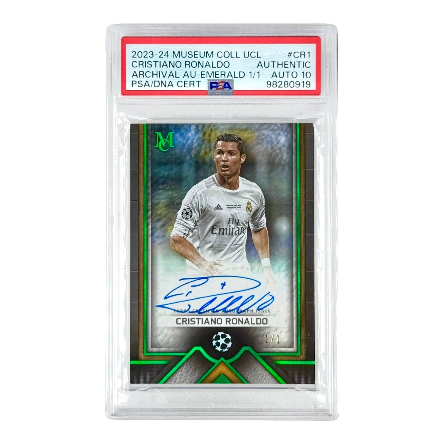 Cristiano Ronaldo 2023-24 Topps Museum UCL Auto Emerald 1/1  #CR1 PSA Auto 10