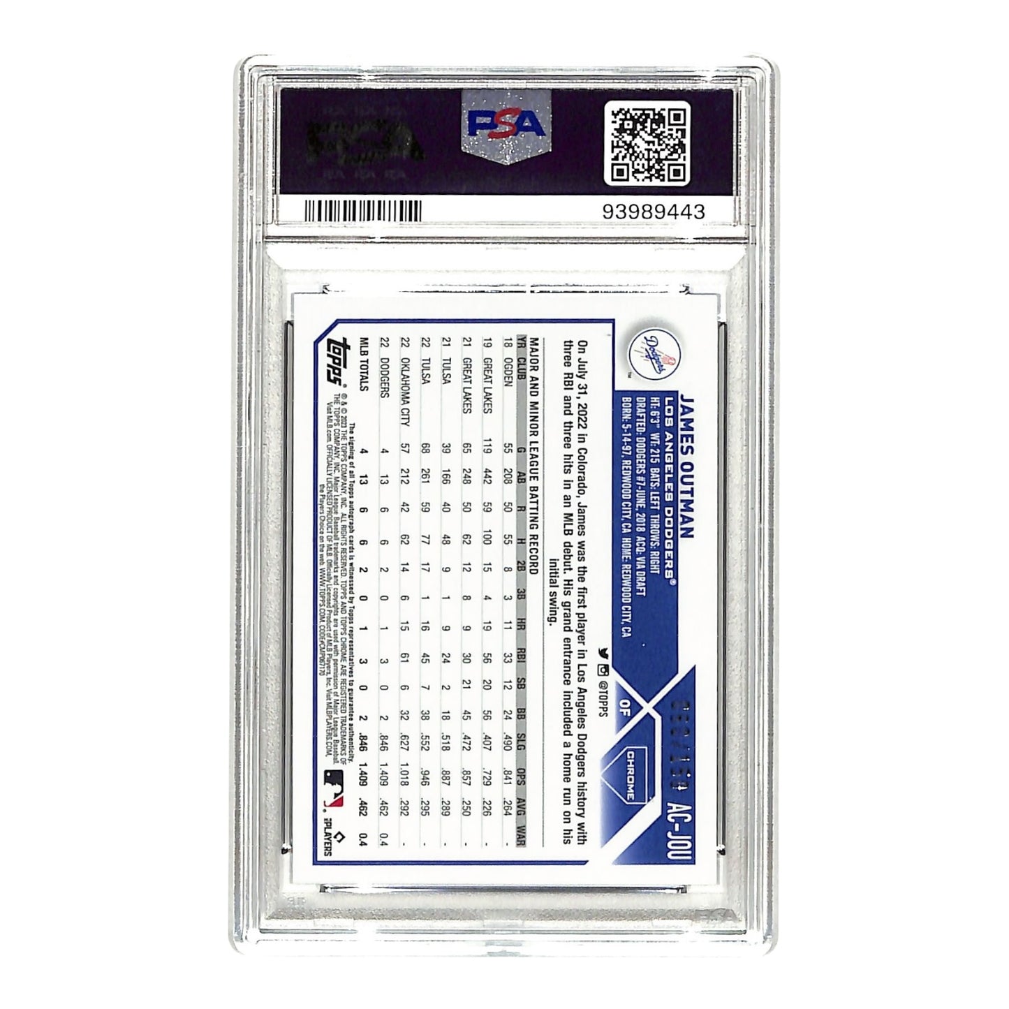 James Outman 2023 Topps Chrome Update Blue Wave 060/150 Auto Rookie RC #ACJOU PSA 10 Auto 10