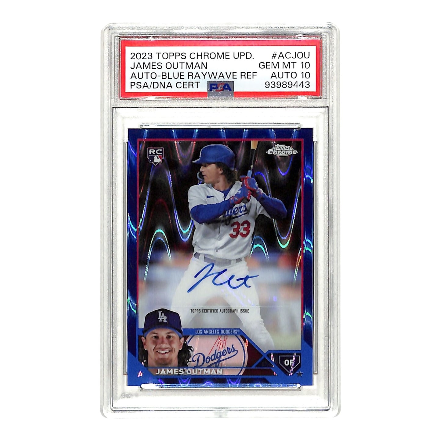 James Outman 2023 Topps Chrome Update Blue Wave 060/150 Auto Rookie RC #ACJOU PSA 10 Auto 10