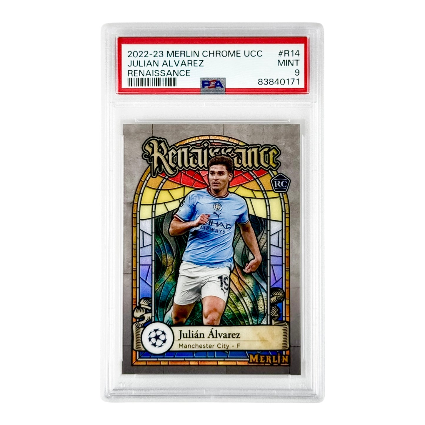 Julian Alvarez 2022-23 Topps Chrome Merlin UCC Renaissance #R14 PSA 9