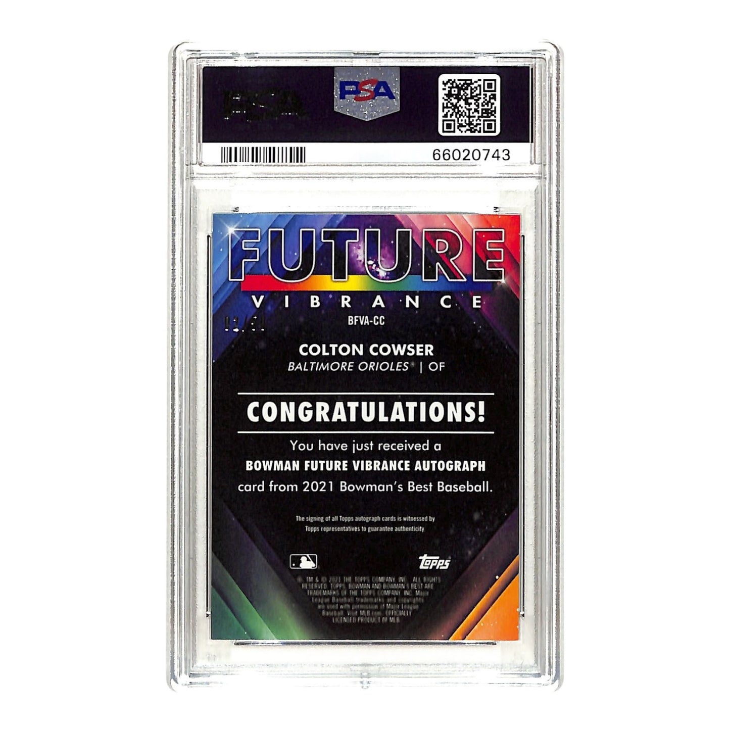 Colton Cowser 2021 Bowman's Best Future Vibrance Auto Lava 02/50 #BFVACC PSA 9