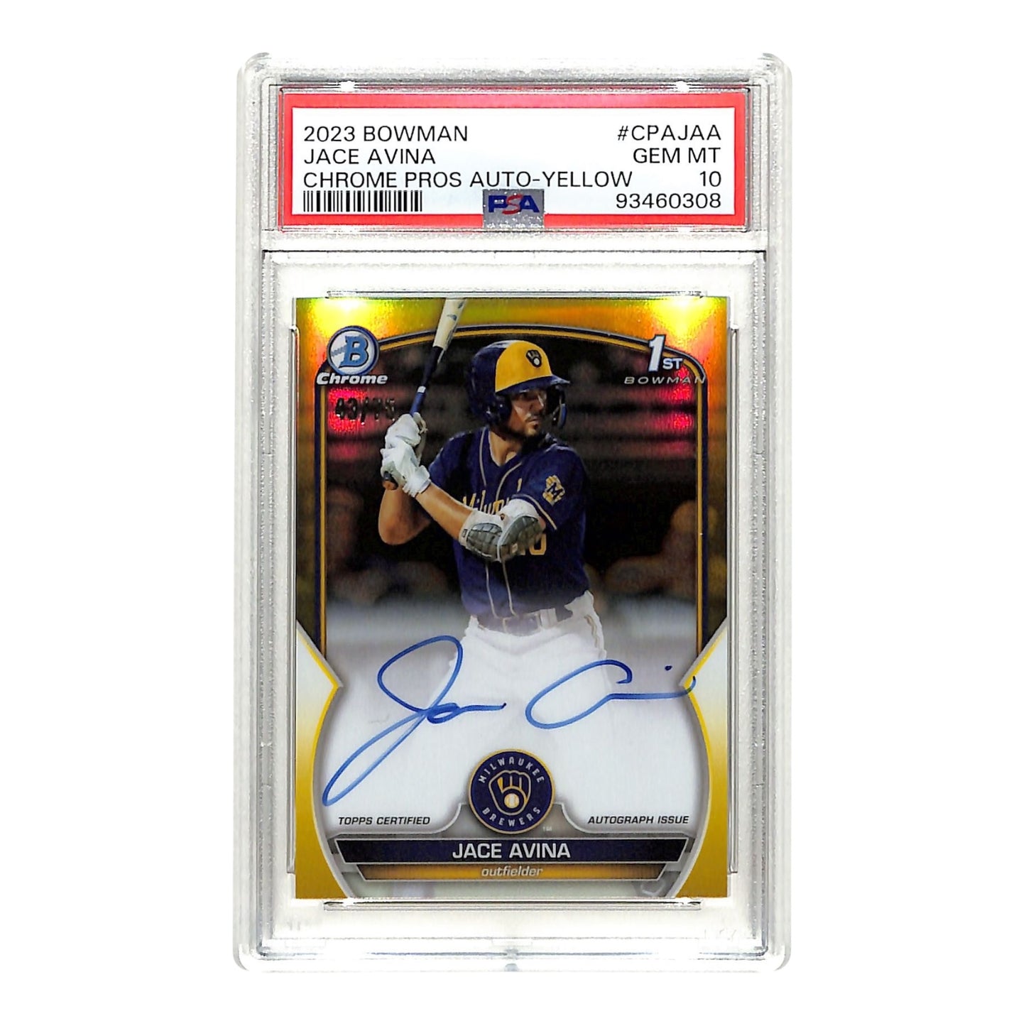 Jace Avina 2023 Bowman Chrome Prospect Auto Yellow 43/75 #CPAJAA PSA 10