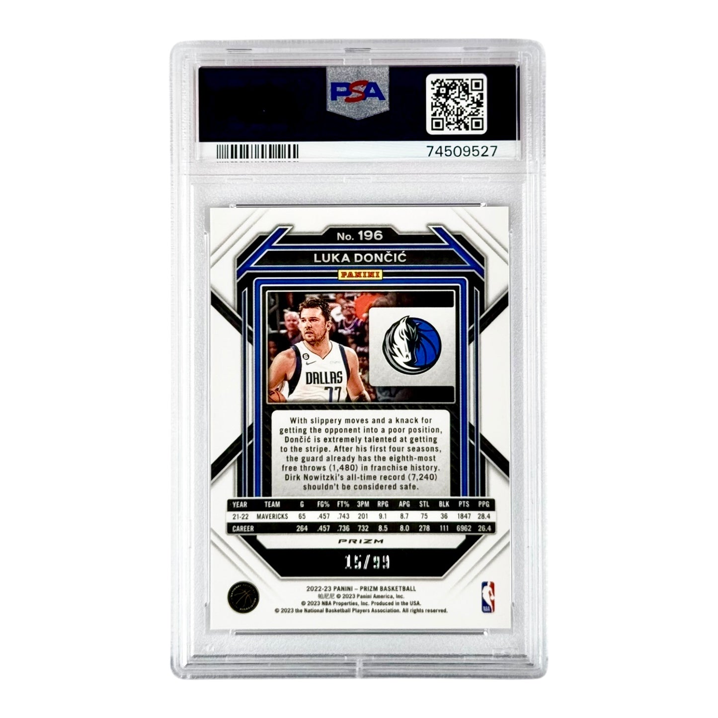 Luka Doncic 2022-23 Prizm Purple 15/99 #196 PSA 9