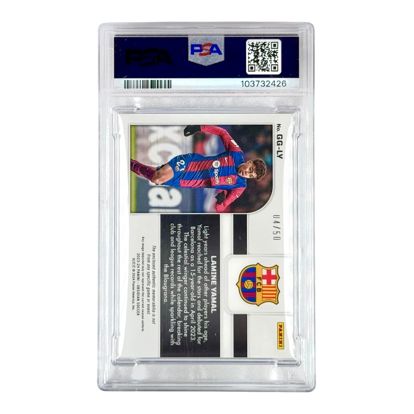 Lamine Yamal 2023-24 Obsidian Galaxy Gear Jersey Relic Purple 04/50 Rookie RC #GGLY PSA 9