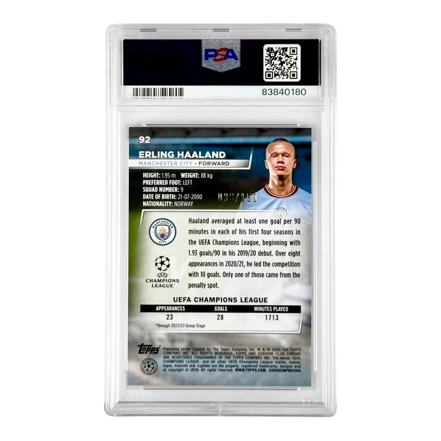 Erling Haaland 2022 Topps Stadium Chrome UCC Pink Wave 038/150 #92 PSA 9
