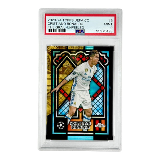 Cristiano Ronaldo 2023-24 Topps Chrome UEFA The Grail-Unpeeled #6 PSA 9