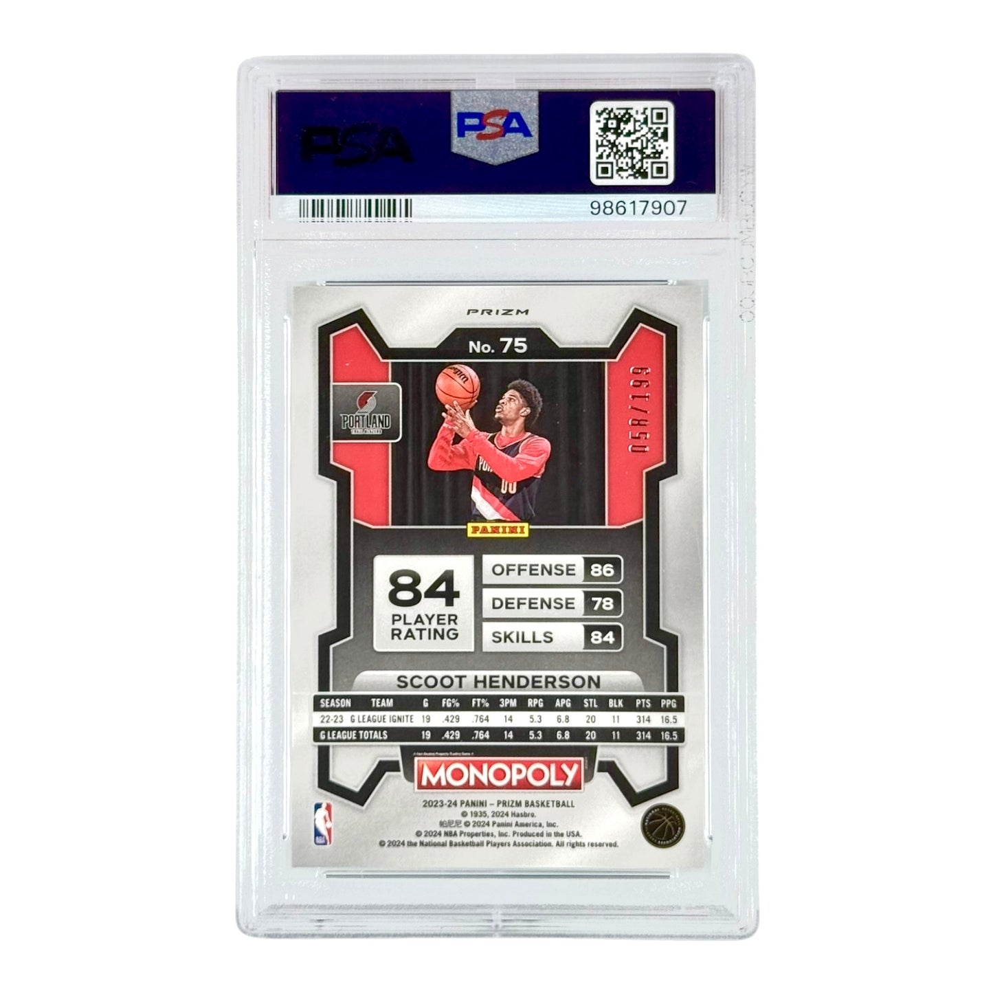 Scoot Henderson 2023 Prizm Monopoly Light Blue 058/199 Rookie RC PSA 10