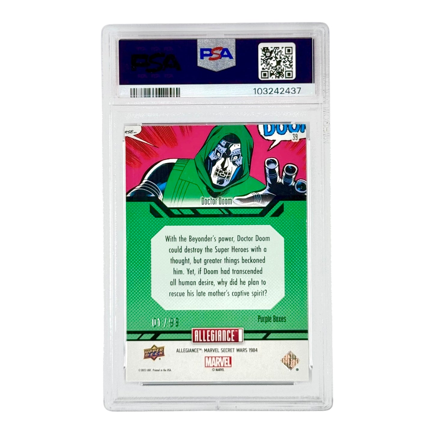 Doctor Doom 2024 Upper Deck Marvel Secret Wars 1984 Purple Boxes 01/99 #39 PSA 10