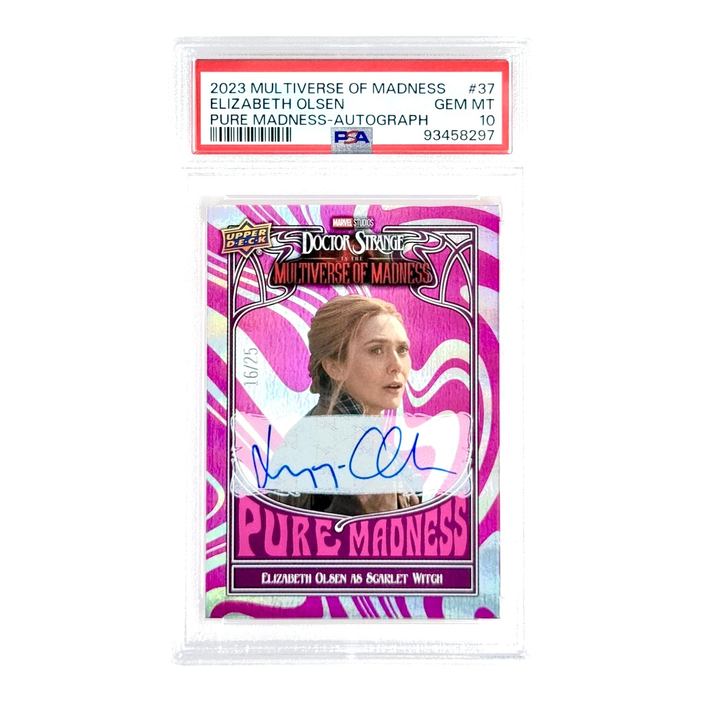 Elizabeth Olsen Scarlet Witch 2023 Upper Deck Marvel Doctor Strange Multiverse Of Madness Auto 16/25 #37 PSA 10