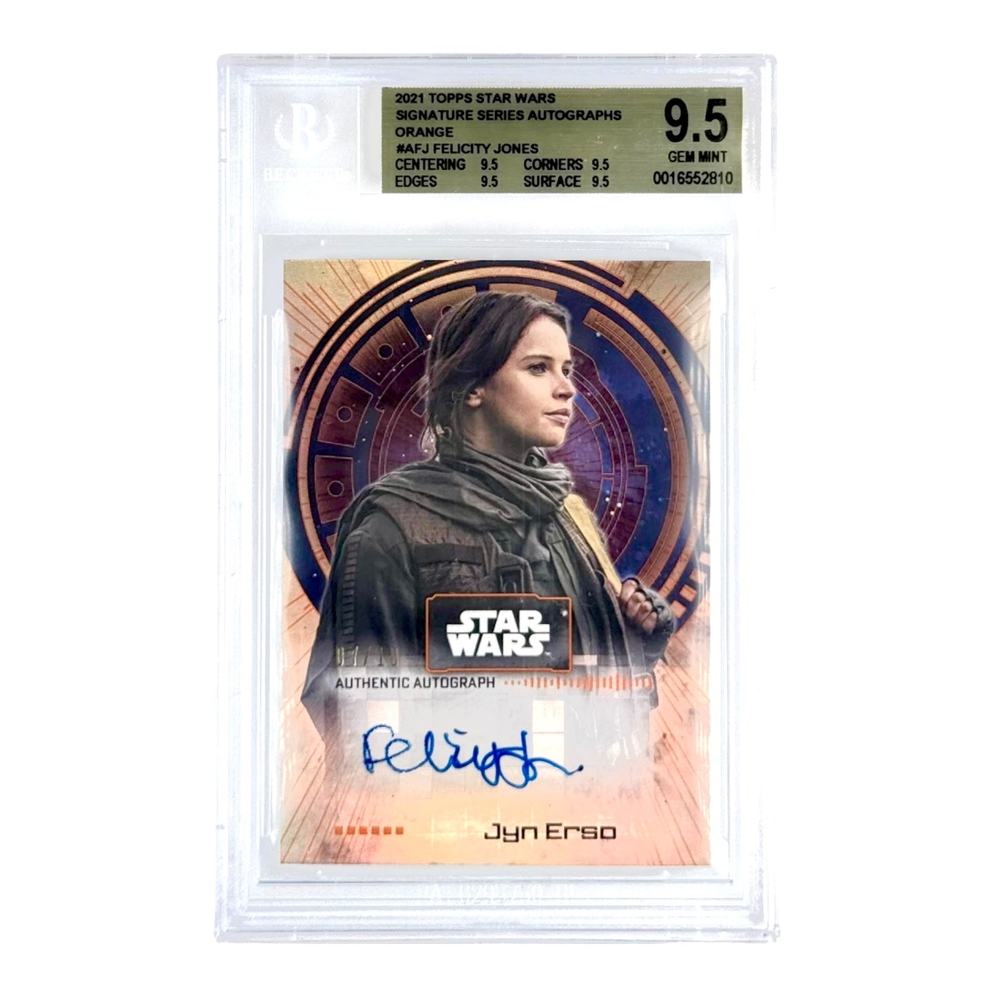 Felicity Jones Jyn Erso 2021 Topps Star Wars Signature Series Auto Orange 07/10 #AFJ BGS 9.5