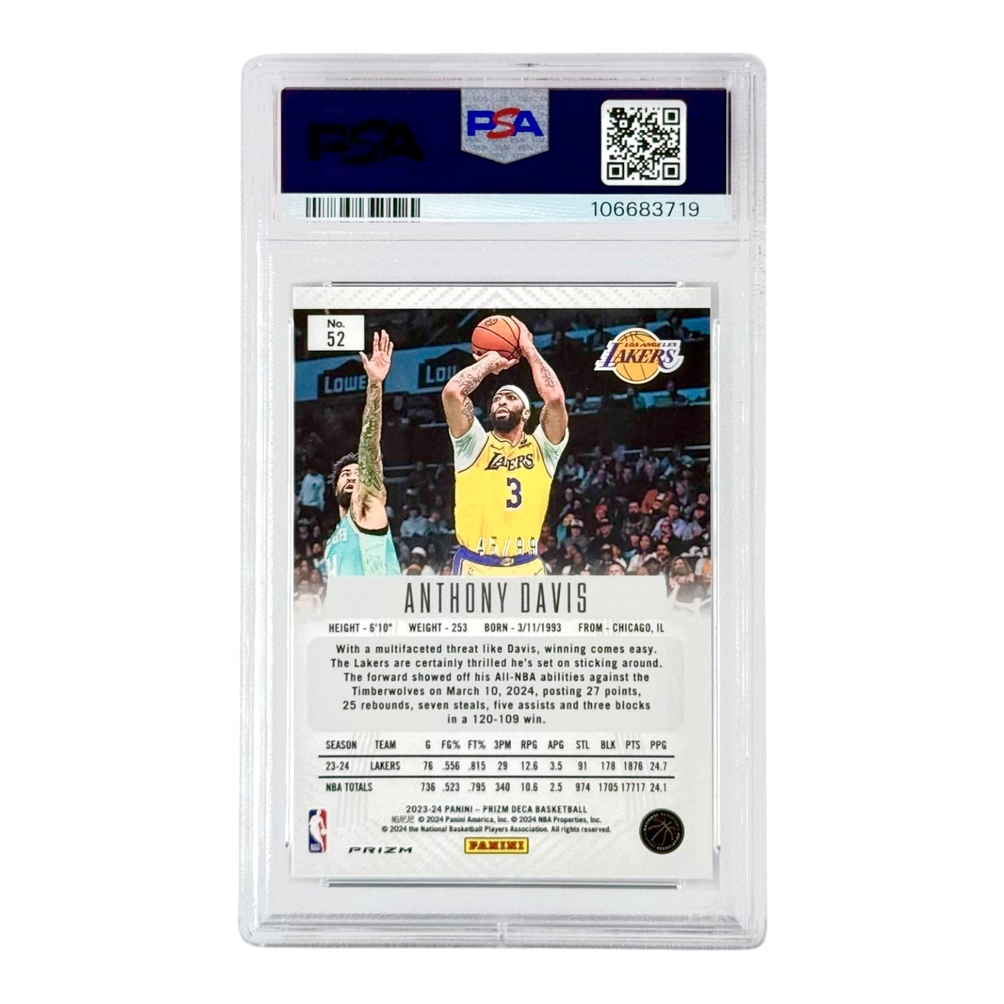 Anthony Davis 2023 Prizm Deca Purple 45/99 #52 PSA 9