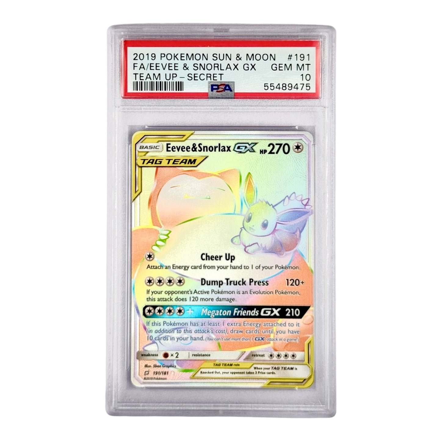 Eevee & Snorlax 2019 Pokemon English Tag Team Up GX Secret #191 PSA 10