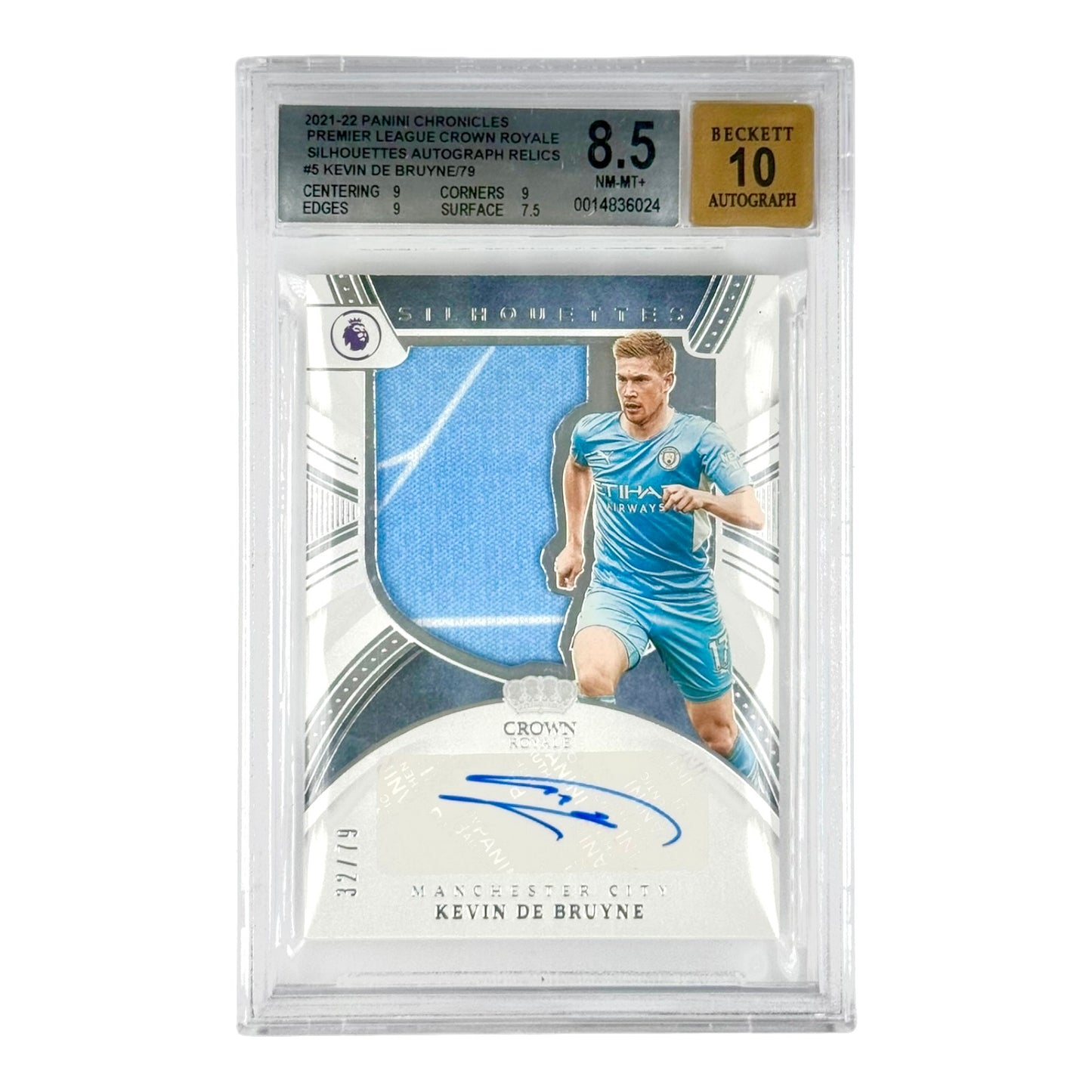 Kevin De Bruyne 2021-22 Chronicles Crown Royale English Premier League Silhouettes Relic Auto 32/79 #S-KDB BGS 8.5 Auto 10