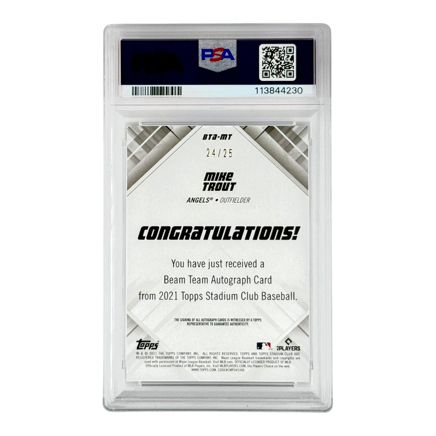 Mike Trout 2021 Topps Stadium Club Beam Team Auto 24/25 #BTAMT PSA Auto 10
