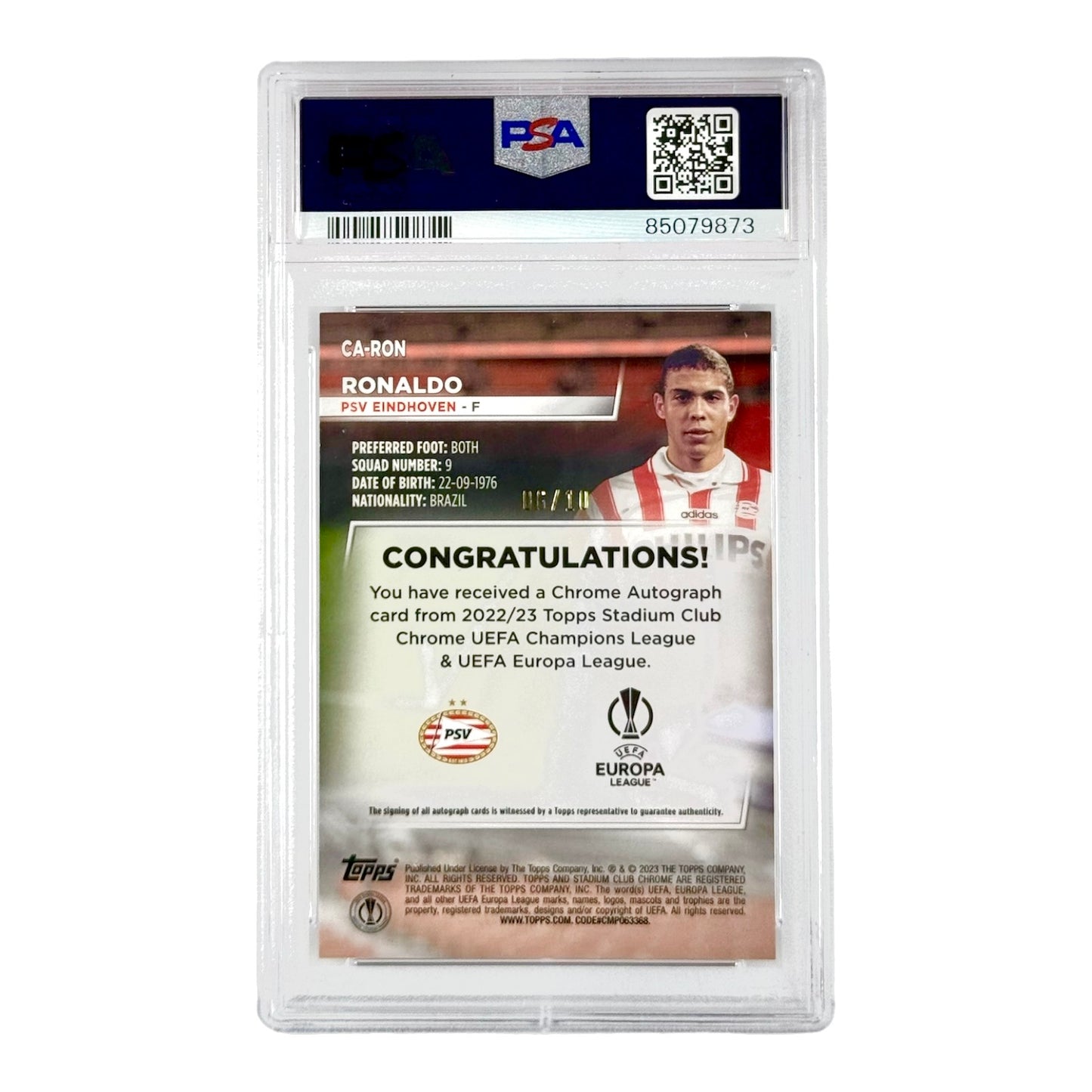 Ronaldo 2022-23 Topps Chrome Stadium Club UCC Auto Black 06/10 #CARON PSA Auto 10