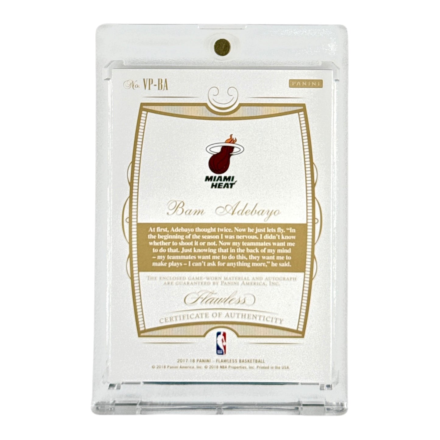 Bam Adebayo 2017-18 Flawless Game-worn Patch Auto 12/15 Rookie RC #VP-BA