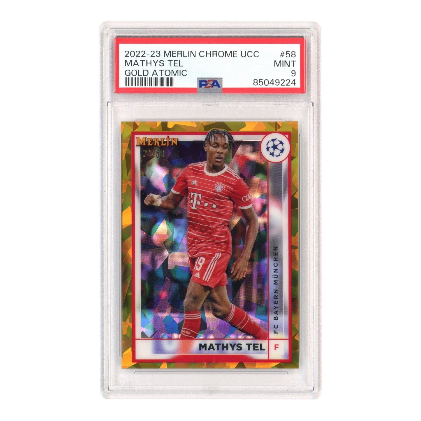 Mathys Tel 2022-23 Topps Merlin Chrome UCC Gold Atomic 21/50 #58 PSA 9