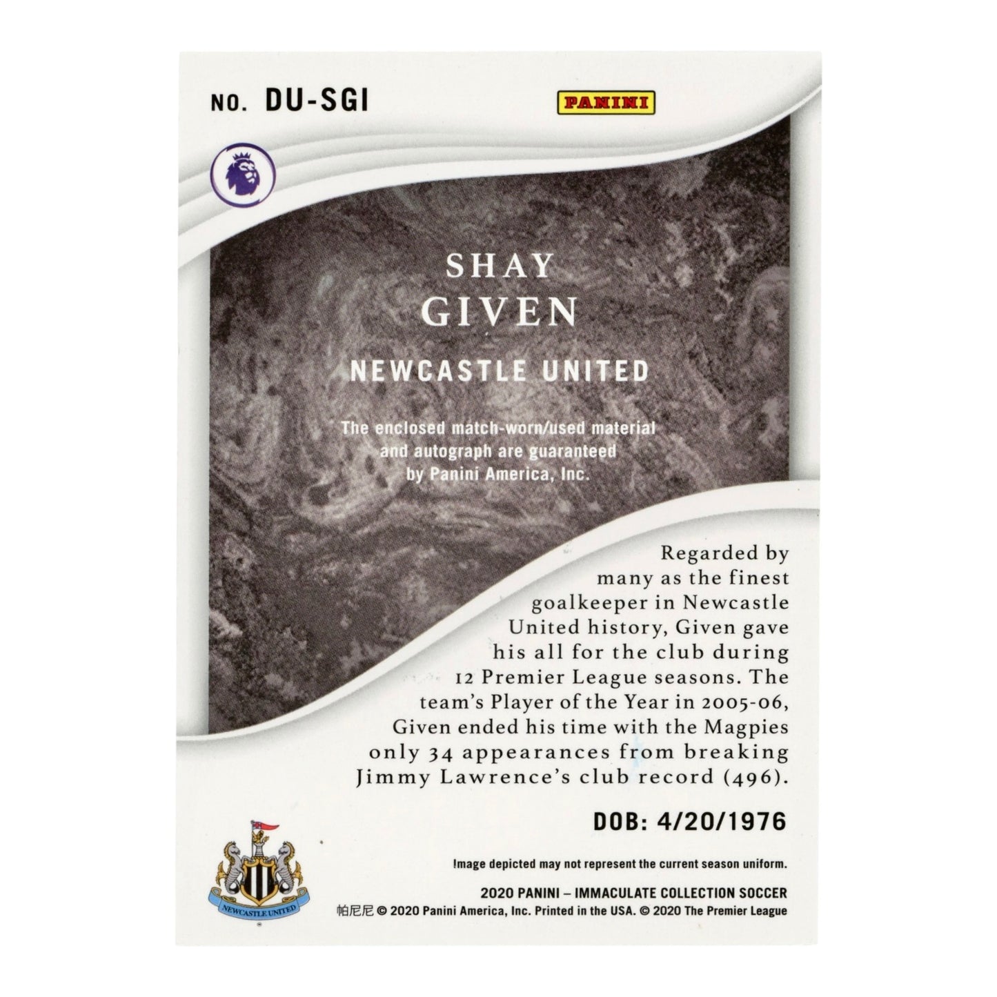 Shay Given 2020 Immaculate Soccer EPL English Premier League Dual Patch Auto 6/8 #DU-SGI