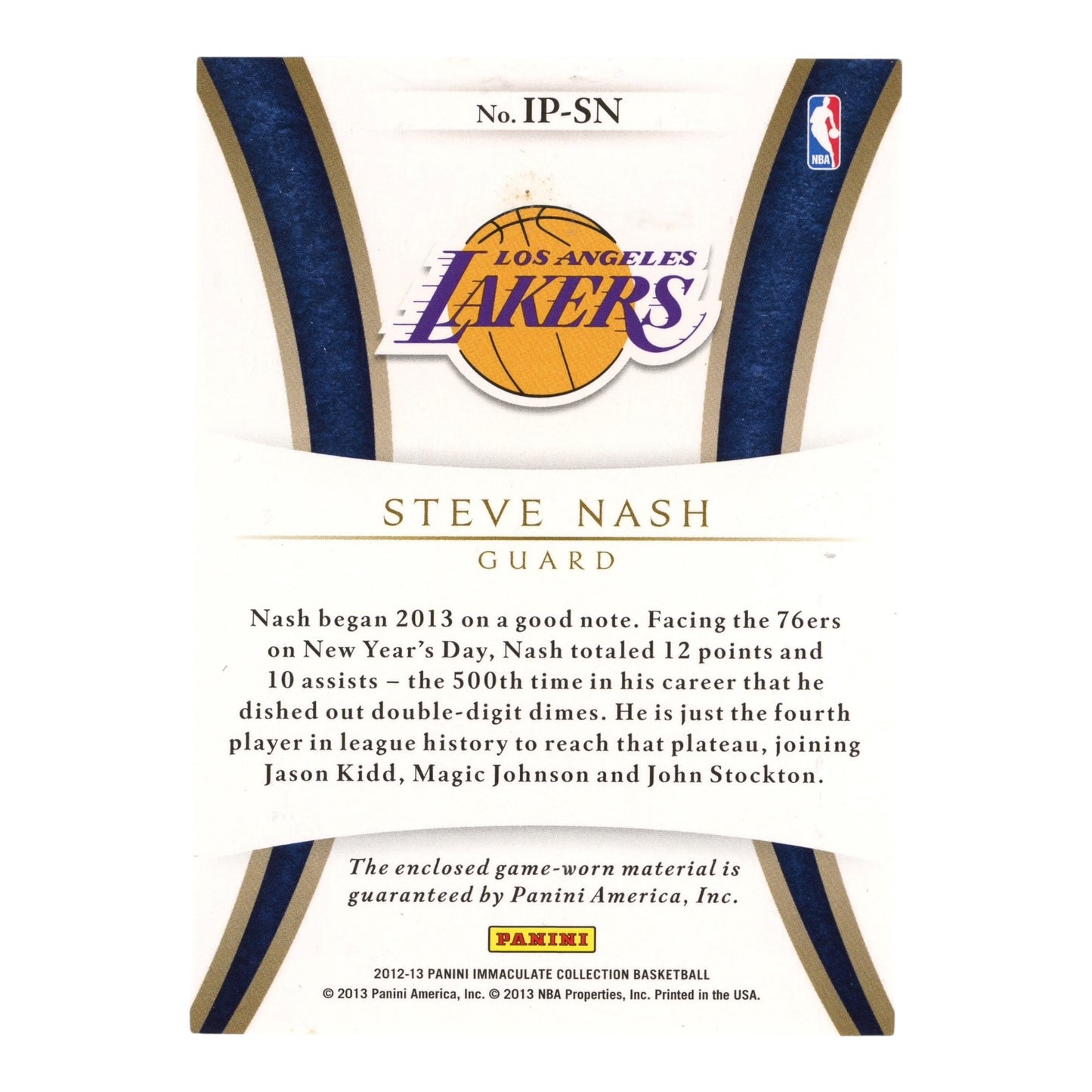Steve Nash 2012-13 Immaculate Collection Game-Worn Jumbo Patch 18/32 #IP-SN