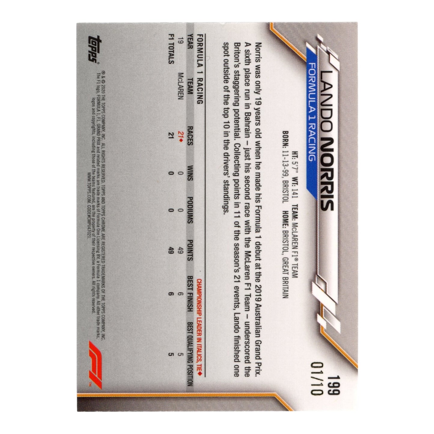 Lando Norris 2020 Topps Chrome Formula 1 F1 Rookie RC 01/10 #199