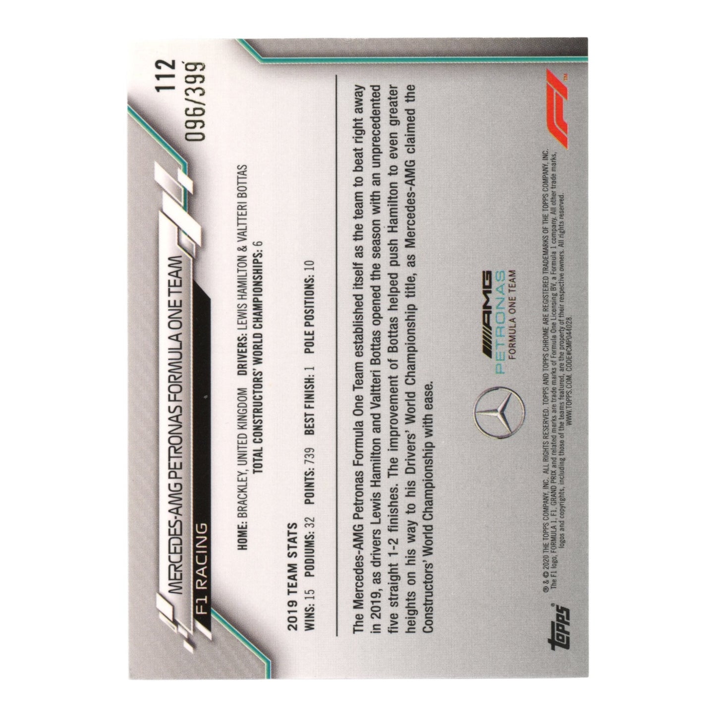 Mercedes AMG Team Logo 2020 Topps Chrome Formula 1 F1 096/399 #112