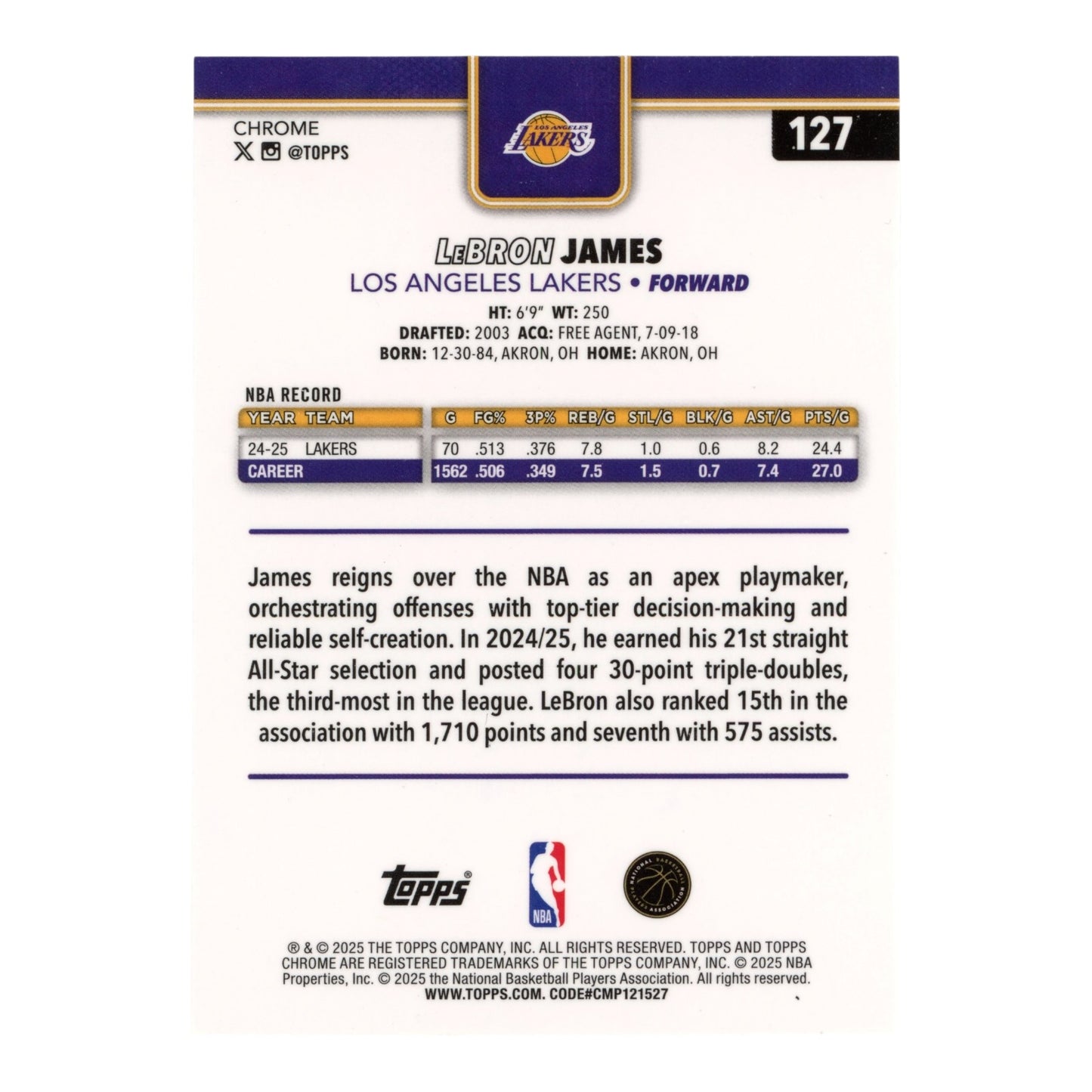 Lebron James 2025 Topps Chrome Blackout #127