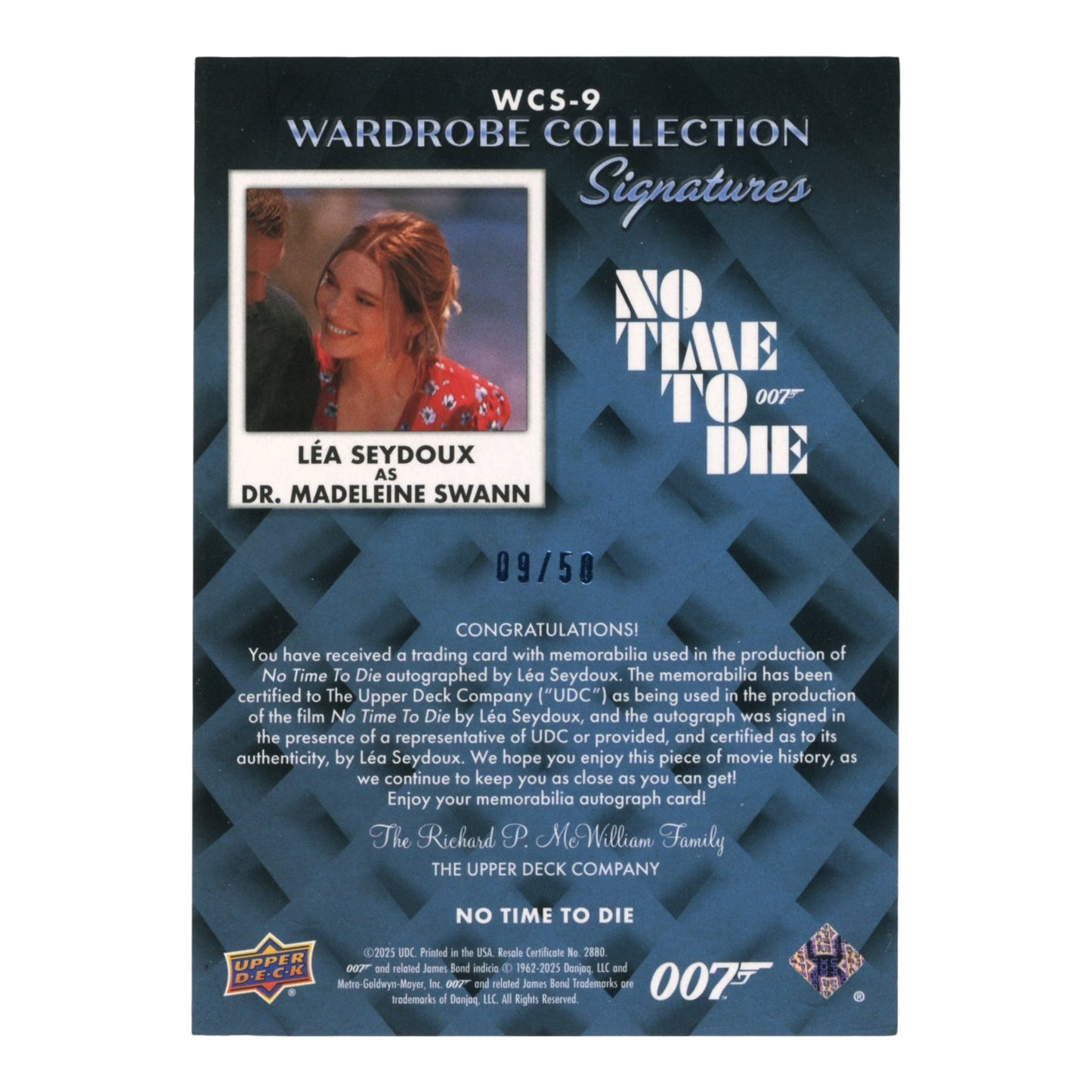 Lea Seydoux 2025 Upper Deck 007 No time To Die Dr. Madeleine Swann Wardrobe Collection Dress Patch Auto 09/59 #WCS-9