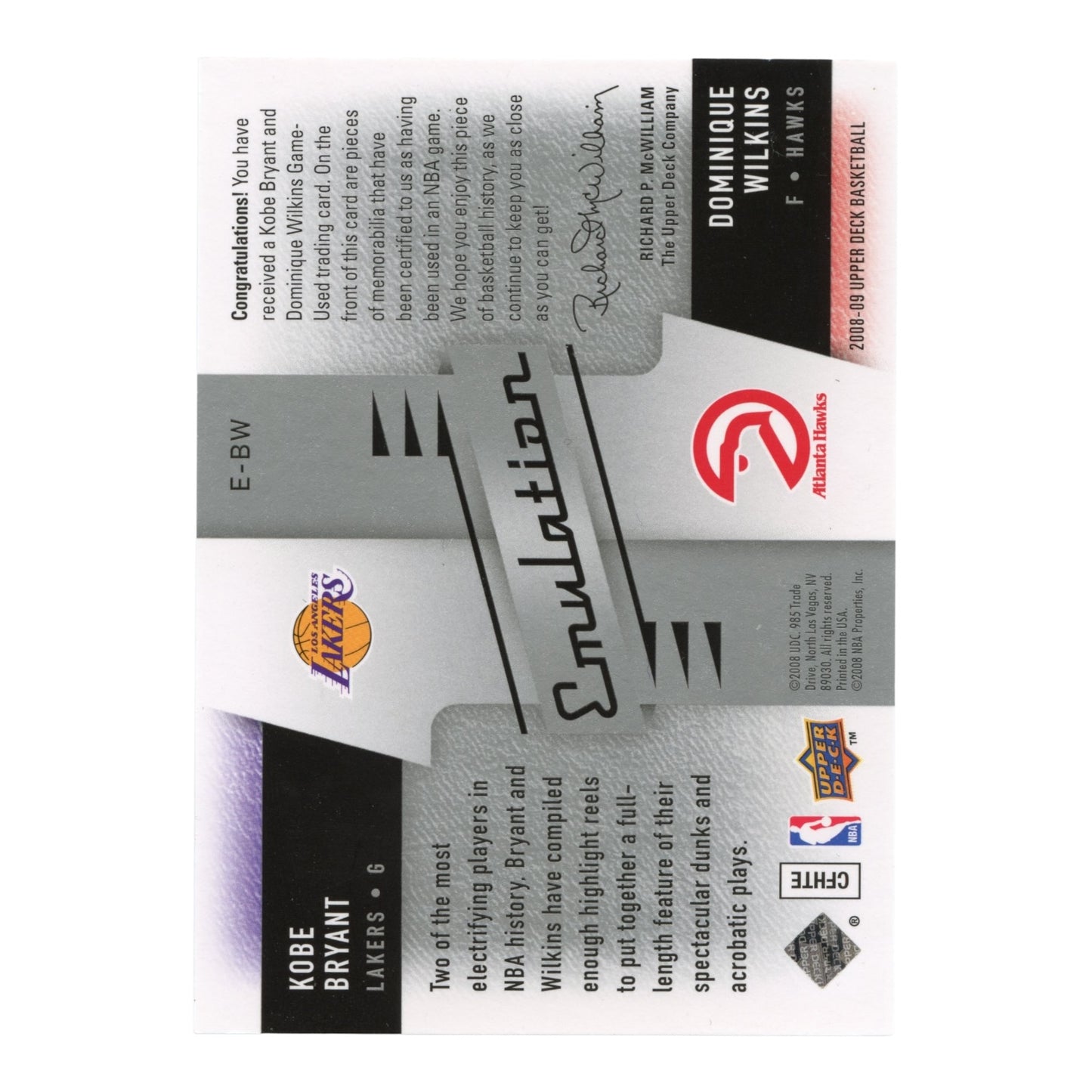 Kobe Bryant/Dominque Wilkins 2008-09 Upper Deck Emulation Dual Jersey #E-BW