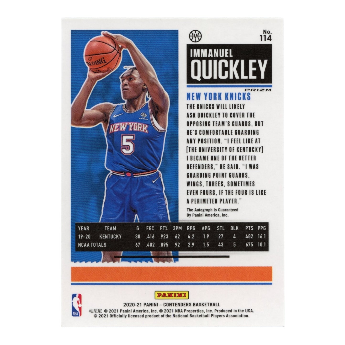 Immanuel Quickley 2020-21 Panini Contenders Optic Rookie Ticket Auto RC #114