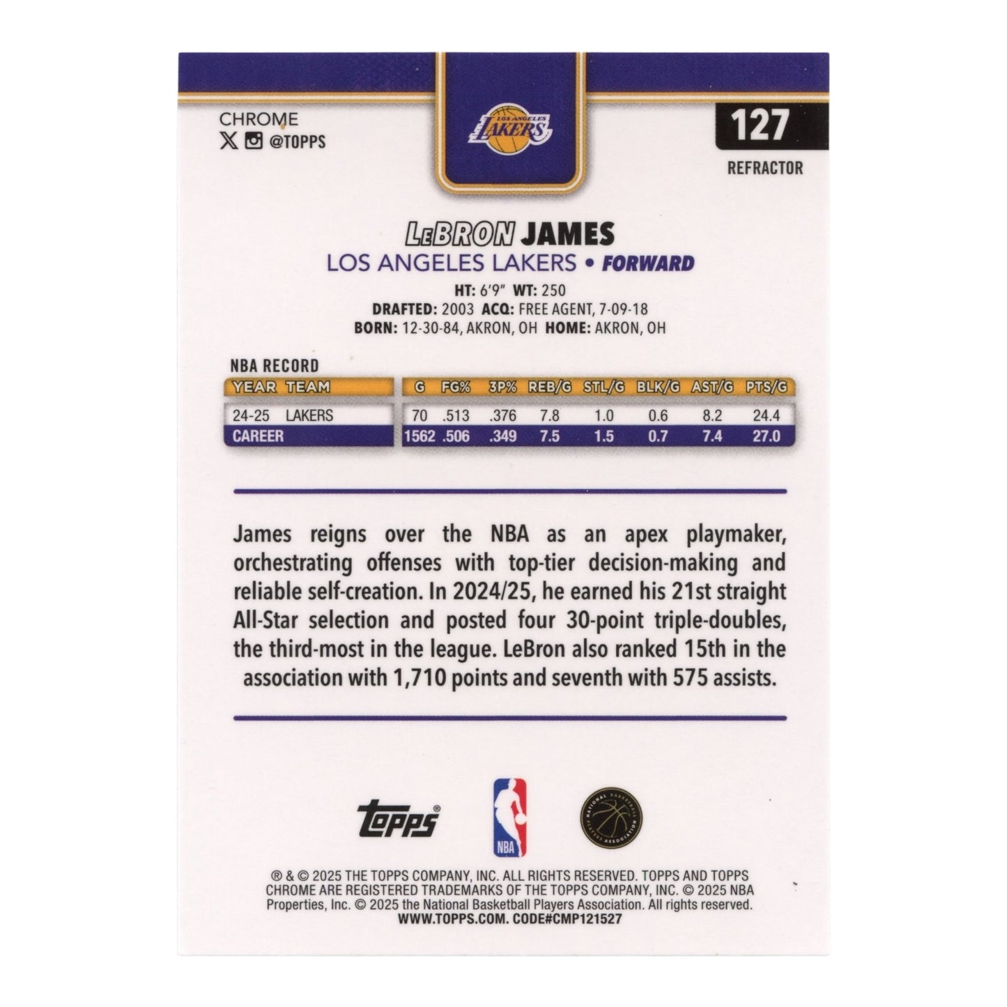 Lebron James 2025 Topps Chrome Basketball Refractor #127
