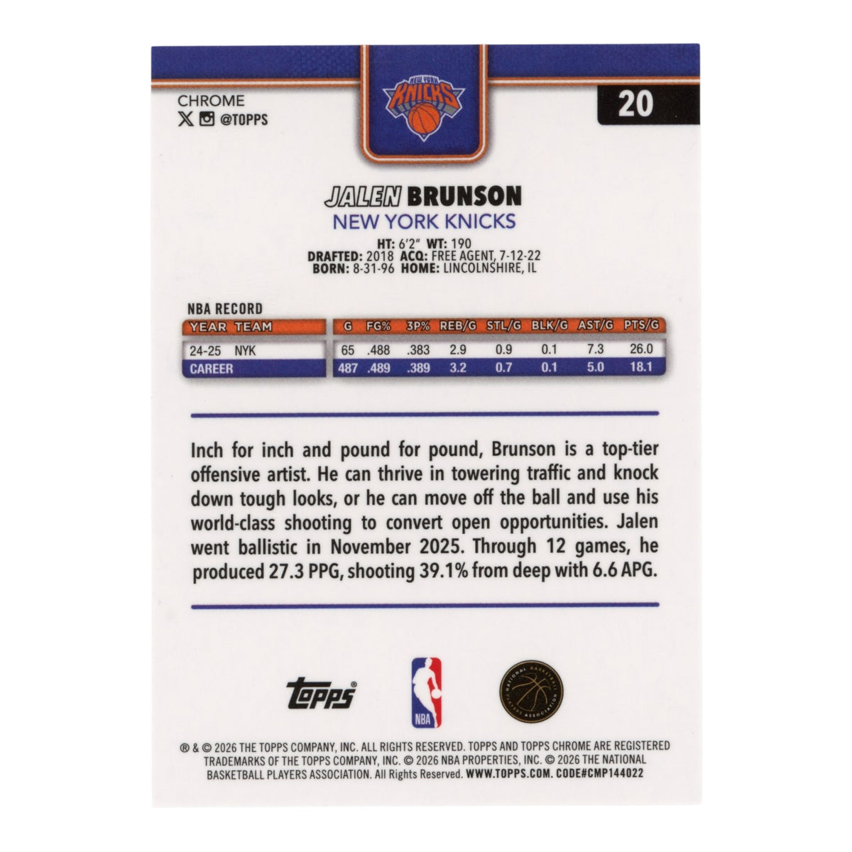 Jalen Brunson 2026 Topps Chrome Update Gold Speckle Variation 04/50 #20