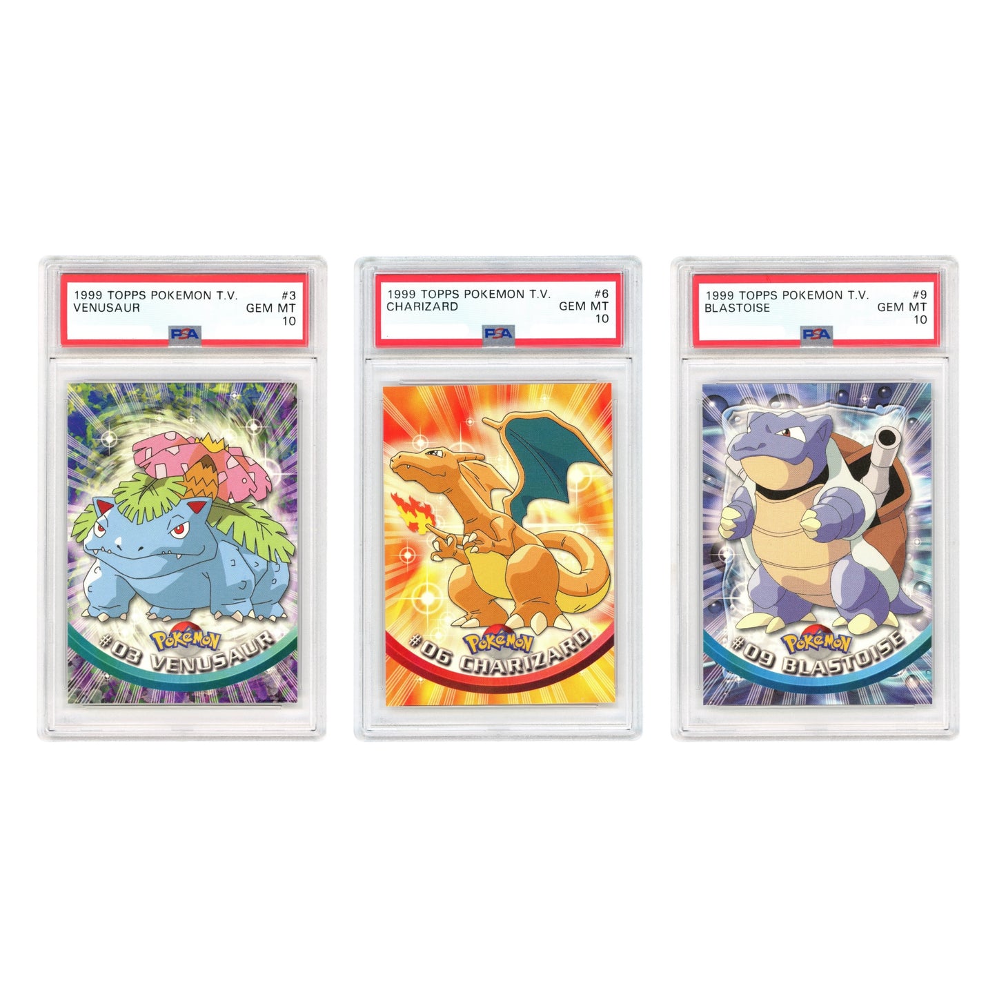 Set Of 3 Charizard/Venusaur/Blastoise 1999 Topps Pokemon T.V. 3/6/9 PSA 10
