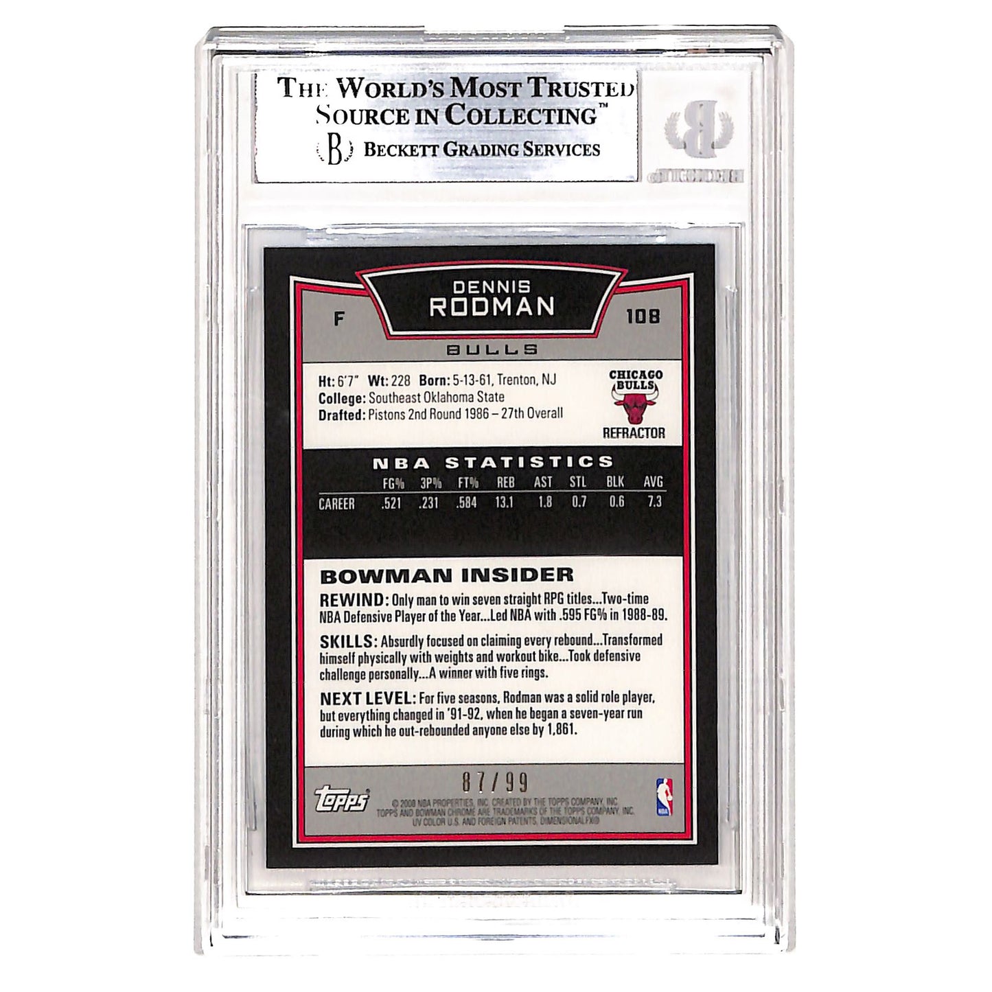 Dennis Rodman 2008-09  Bowman Chrome Blue Refractor 87/99 #108 BGS 9