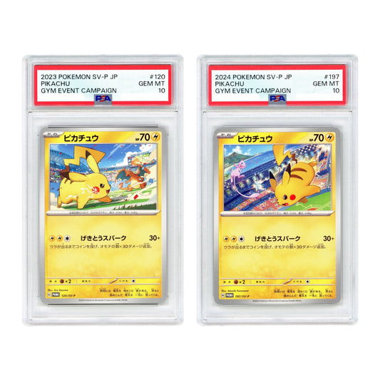 Set Of 2 Pikachu 2023 Pokemon Japanese Gym Event Campaign Promo #197/120 Consecutive Cert Number PSA 10