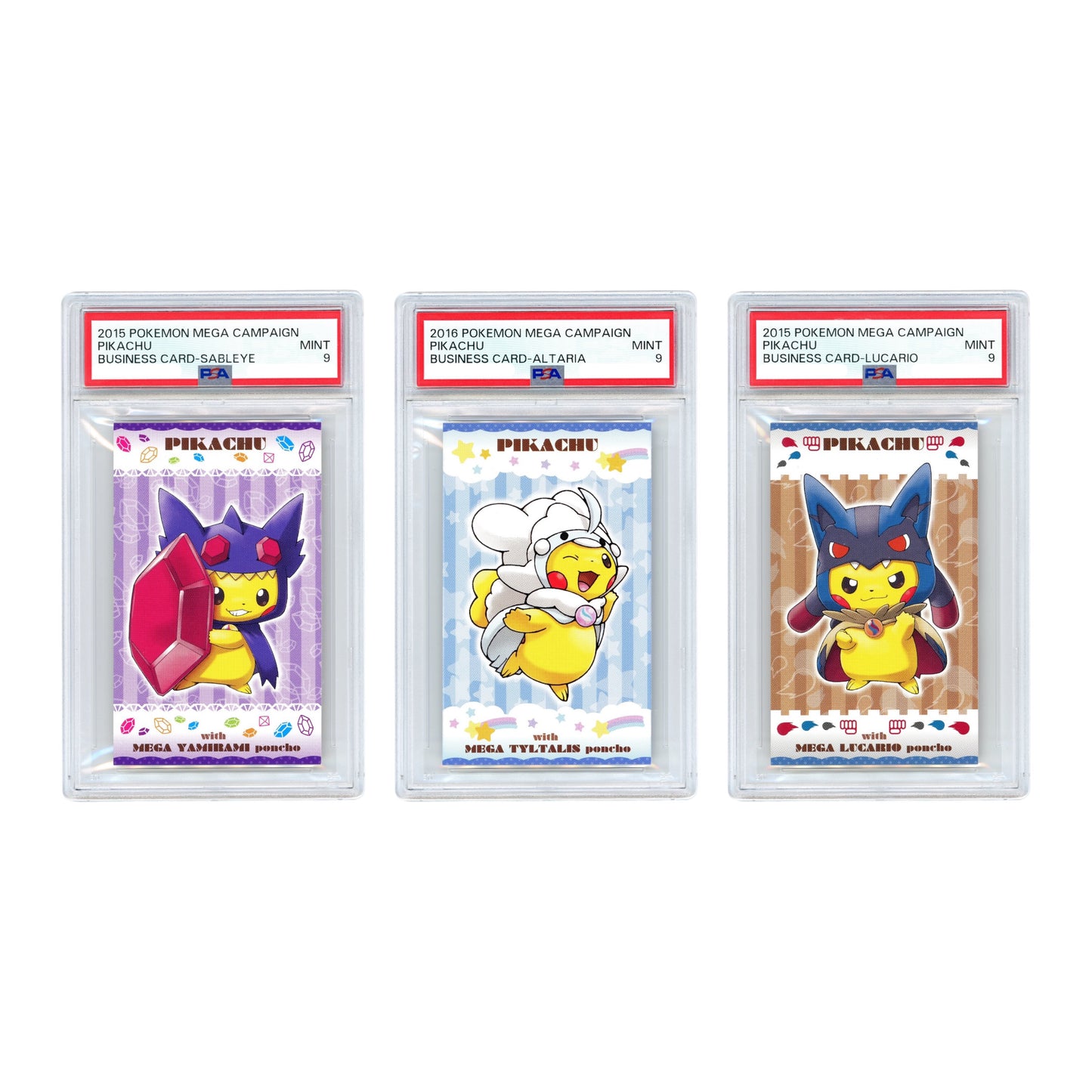 Set Of 3 Pikachu 2015 Pokemon Japanese Mega Campaign Business Card PSA 9