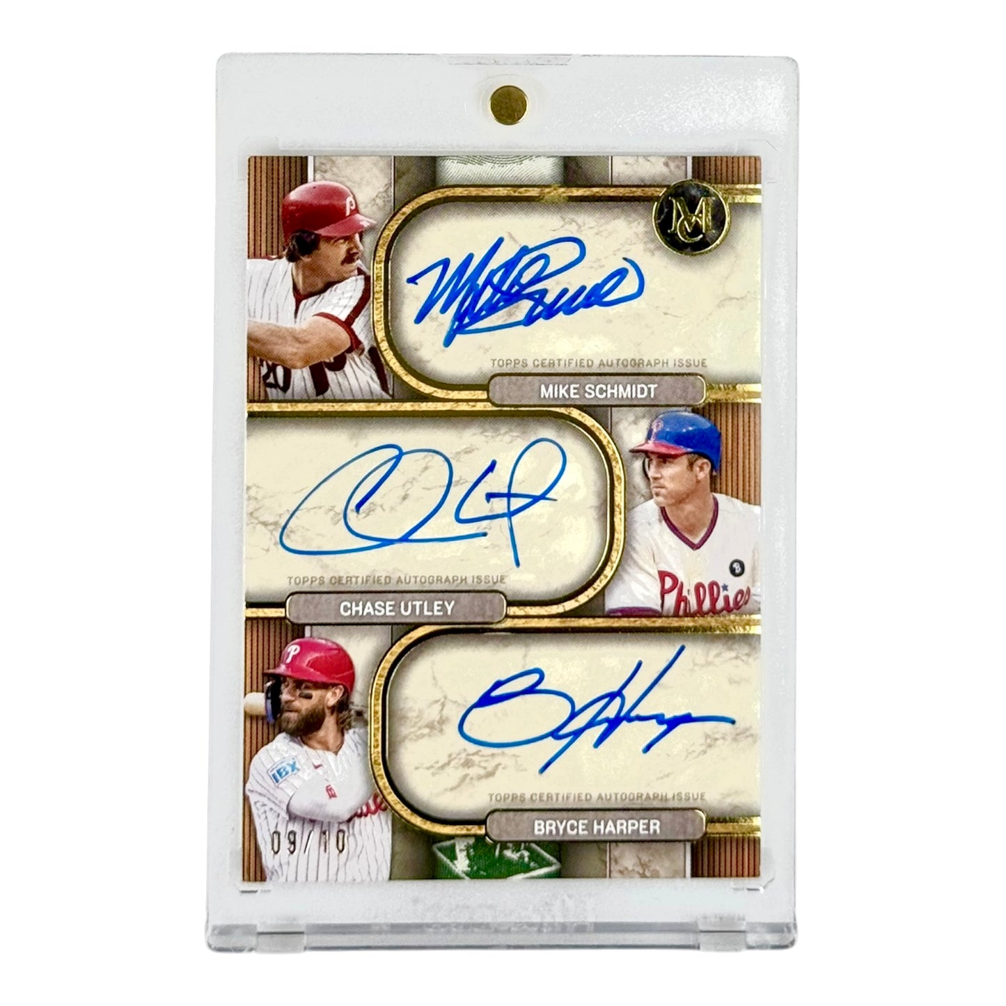 Mike Schmidt/Chase Utley/Bryce Harper 2025 Topps Museum Baseball Triple Auto 09/10 #TA-SUH