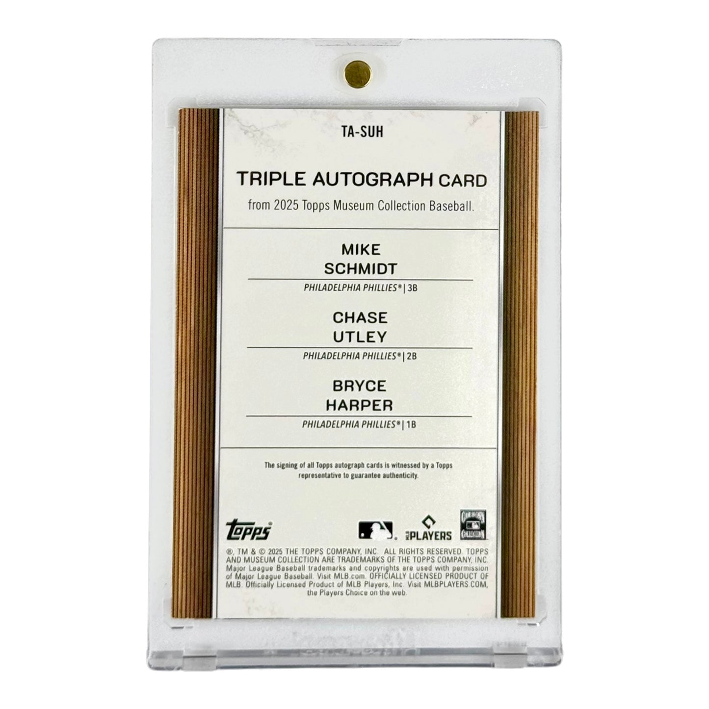 Mike Schmidt/Chase Utley/Bryce Harper 2025 Topps Museum Baseball Triple Auto 09/10 #TA-SUH