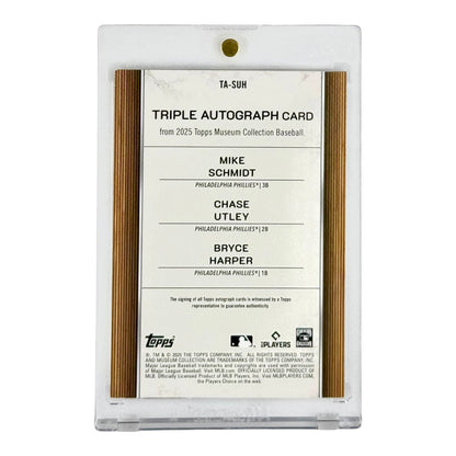 Mike Schmidt/Chase Utley/Bryce Harper 2025 Topps Museum Baseball Triple Auto 09/10 #TA-SUH