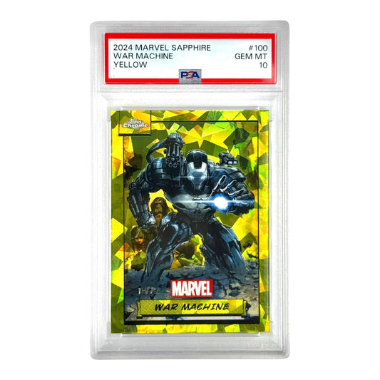 War Machine 2024 Topps Chrome Marvel Sapphire Yellow 61/75 #100 PSA 10