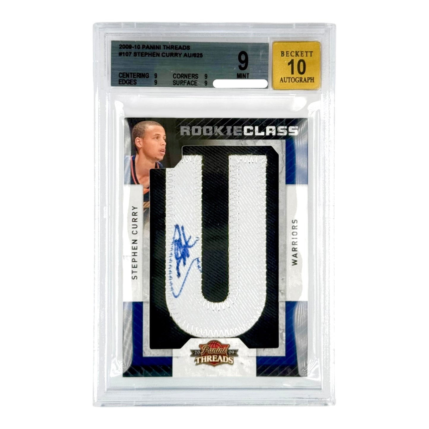 Stephen Curry 2009-10 Threads Rookie Class Letter Patch Auto 197/625 Rookie RC #107 BGS 9 Auto 10