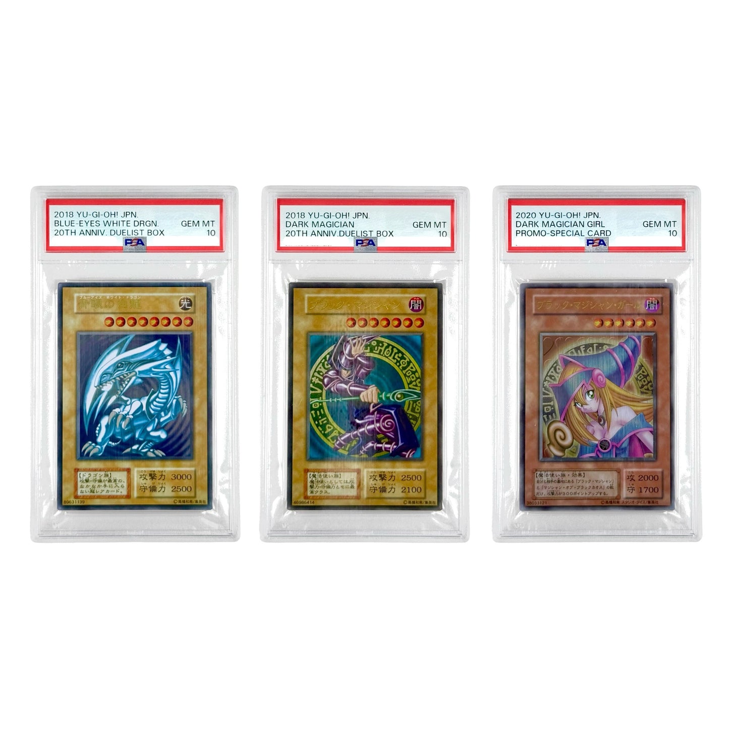 Set of 3 Blue-Eyes White Dragon/Dark Magician/Dark Magician Girl Yu Gi Oh! Japanese PSA 10