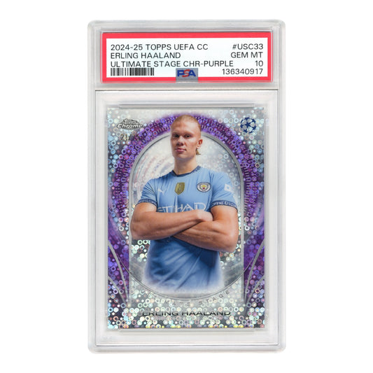 Erling Haaland 2024-25 Topps Chrome UEFA Ultimate Stage Purple 21/75 #USC33 PSA 10