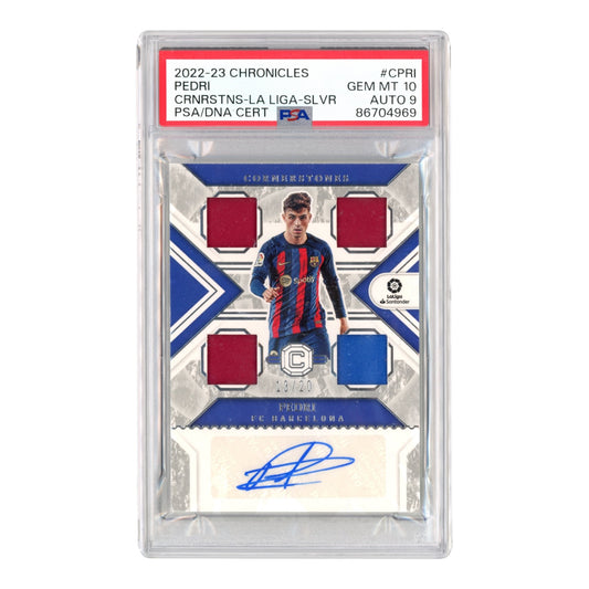 Pedri 2022-23 Chronicles La Liga Cornerstones Quad Jersey Auto 13/20 #CPRI PSA 10 Auto 9