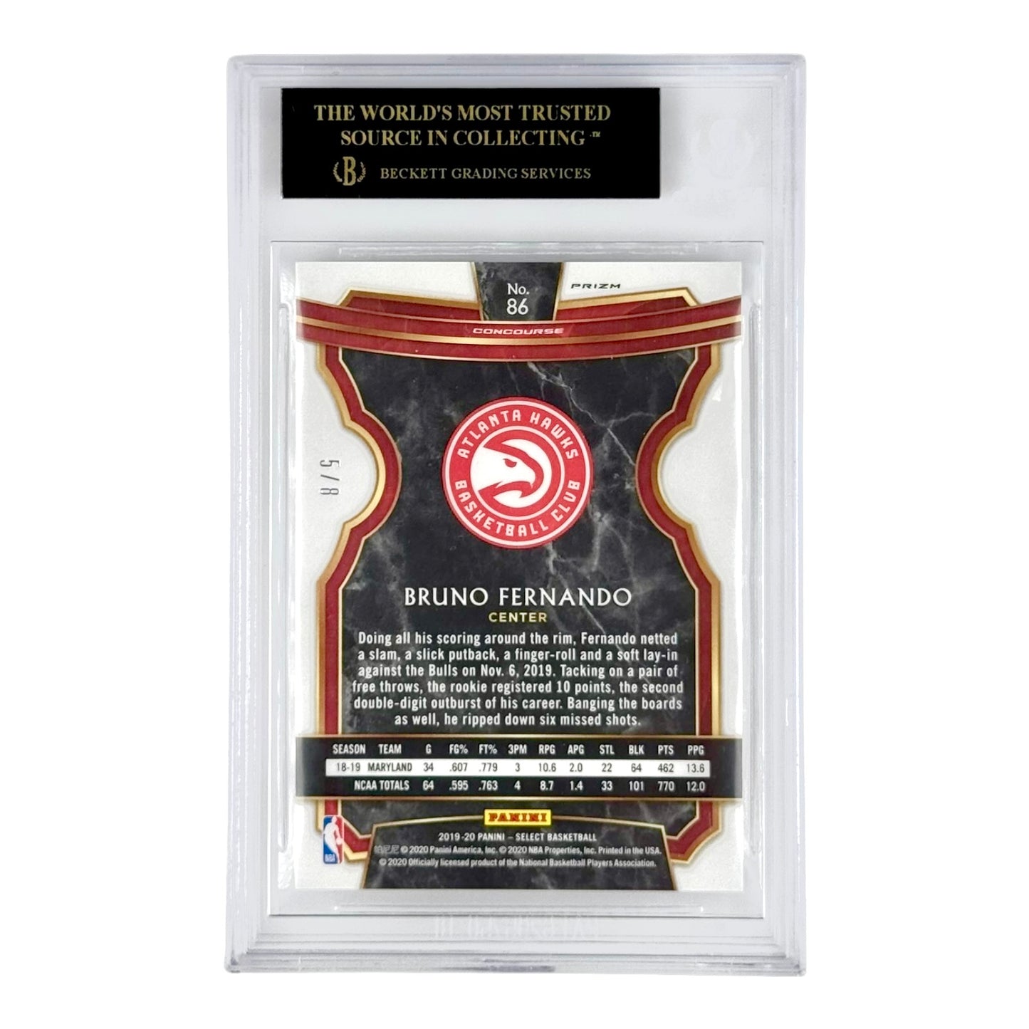 Bruno Fernando 2019-20 Select Lucky Envelope Prizm Hyper 5/8 Rookie RC BGS Black Label Pristine 10