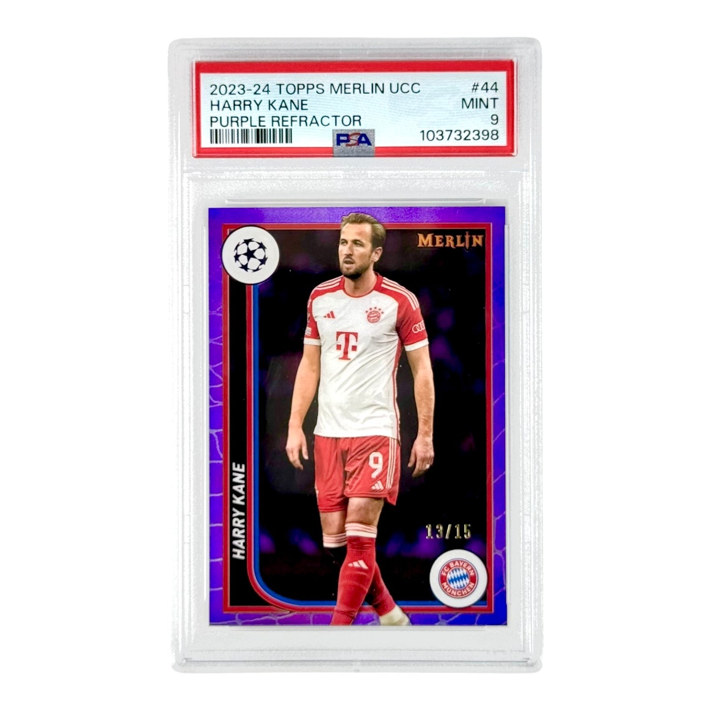 Harry Kane 2023-24 Topps Merlin Soccer UCC Purple Refractor 13/15 #44 PSA 9